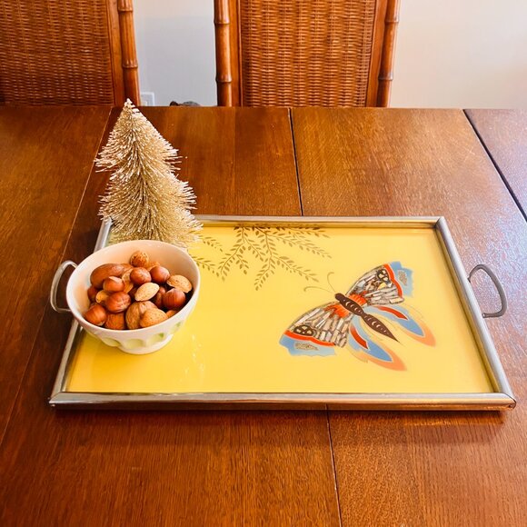 1940's Reverse Glass Painted Butterfly Tray - Double Handled - - Picture 7 of 11